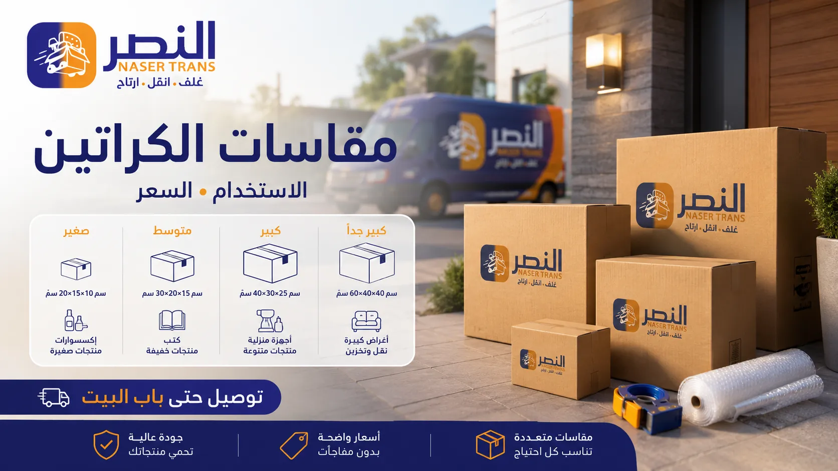 مقاسات كراتين التوصيل للمنزل واستخداماتها وأسعارها من متجر النصر — صغير ومتوسط وكبير وجامبو