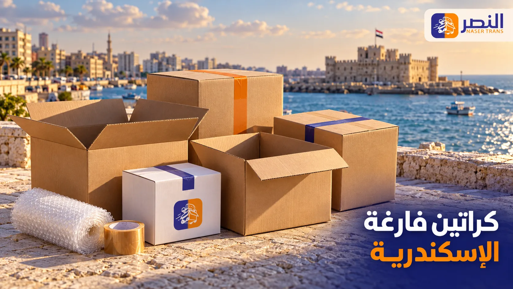 كراتين بأحجام مختلفة مع بابلز وشريط تغليف أمام بحر الإسكندرية وقلعة قايتباي، تحمل هوية النصر.